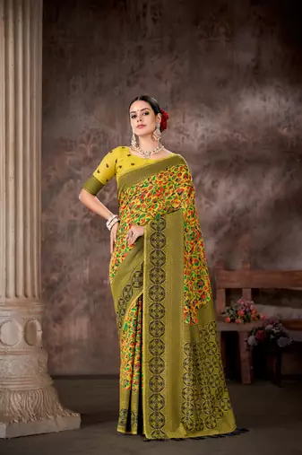 Silk Land  Mustard  Embroidered Cotton Saree 
