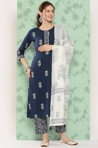women navy blue printed pure cotton kurta with trousers & dupatta