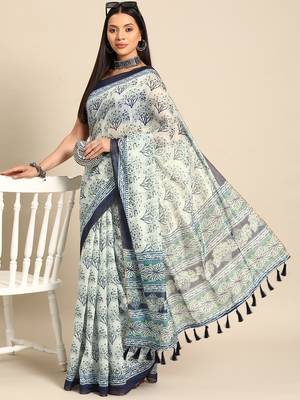 Silk Land  Blue  Printed Cotton Blend Saree  1
