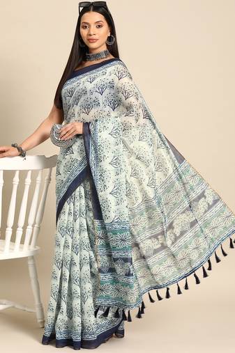 Silk Land  Blue  Printed Cotton Blend Saree 