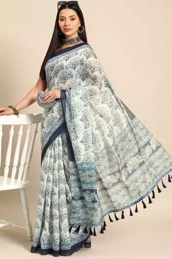 Silk Land  Blue  Printed Cotton Blend Saree 