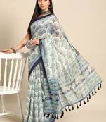 Silk Land  Blue  Printed Cotton Blend Saree 