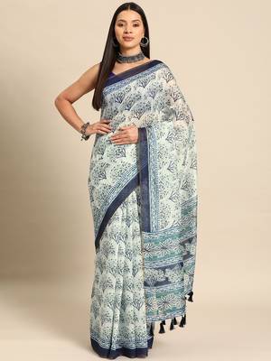 Silk Land  Blue  Printed Cotton Blend Saree  2