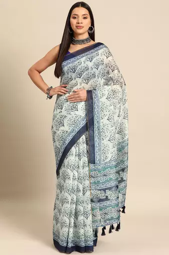 Silk Land  Blue  Printed Cotton Blend Saree 