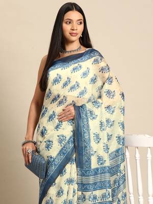 Silk Land  Blue  Printed Cotton Blend Saree  1