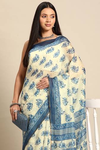 Silk Land  Blue  Printed Cotton Blend Saree 
