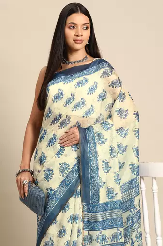 Silk Land  Blue  Printed Cotton Blend Saree 