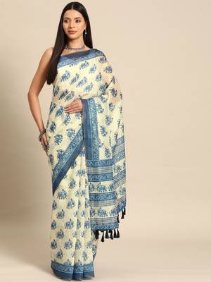 Silk Land  Blue  Printed Cotton Blend Saree  2