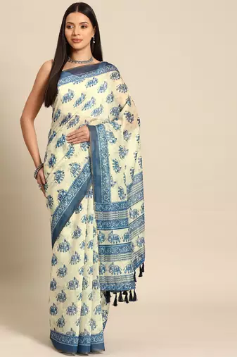 Silk Land  Blue  Printed Cotton Blend Saree 