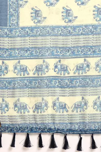 Silk Land  Blue  Printed Cotton Blend Saree 