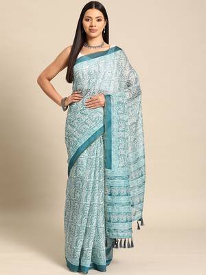 Silk Land  Teal  Printed Cotton Blend Saree  1