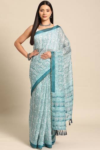 Silk Land  Teal  Printed Cotton Blend Saree 