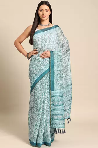 Silk Land  Teal  Printed Cotton Blend Saree 