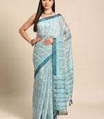 Silk Land  Teal  Printed Cotton Blend Saree 