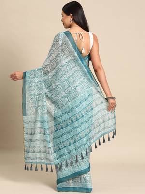 Silk Land  Teal  Printed Cotton Blend Saree  2
