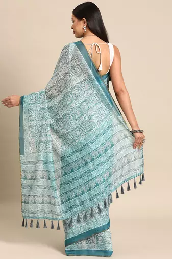 Silk Land  Teal  Printed Cotton Blend Saree 