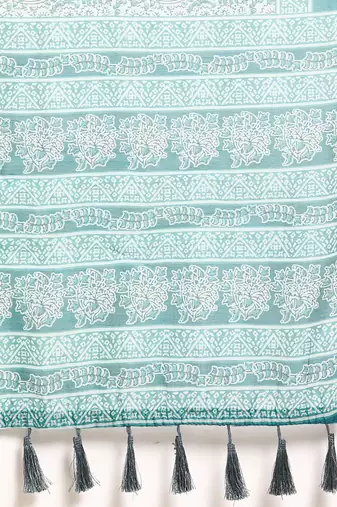 Silk Land  Teal  Printed Cotton Blend Saree 