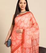 Silk Land  Peach  Printed Cotton Blend Saree 