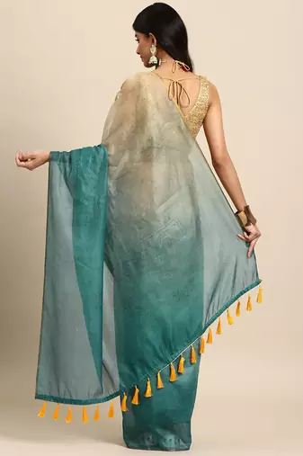 Silk Land  Sea Green  Printed Organza Saree 