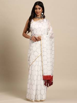 Silk Land  White  Printed Organza Saree  1