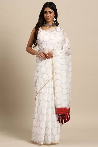 Silk Land  White  Printed Organza Saree 