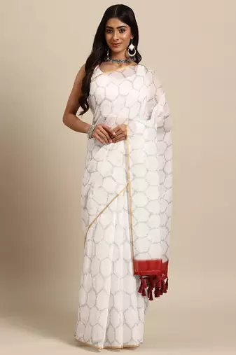 Silk Land  White  Printed Organza Saree 