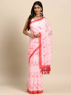 Silk Land  Pink  Printed Organza Saree  1