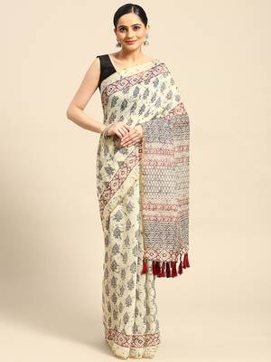 Silk Land  Cream  Printed Cotton Blend Saree  1