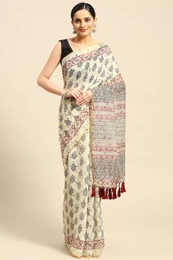 Silk Land  Cream  Printed Cotton Blend Saree 