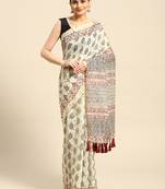 Silk Land  Cream  Printed Cotton Blend Saree 