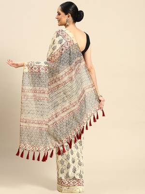 Silk Land  Cream  Printed Cotton Blend Saree  2