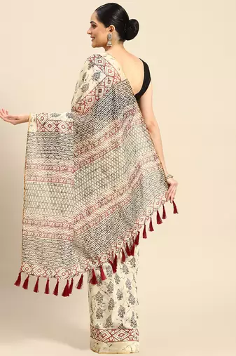 Silk Land  Cream  Printed Cotton Blend Saree 