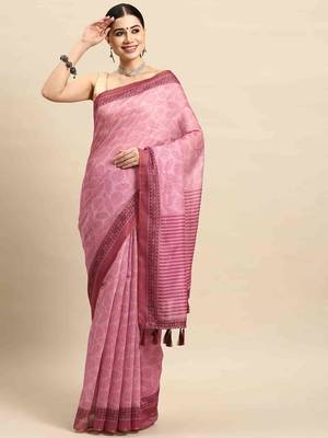 Silk Land  Pink  Kalamkari Cotton Blend Saree  1