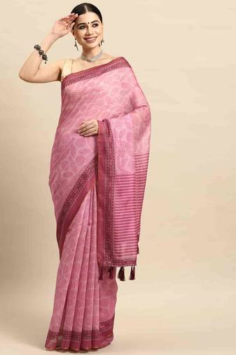 Silk Land  Pink  Kalamkari Cotton Blend Saree 