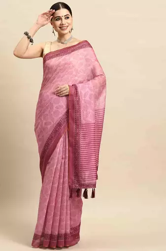 Silk Land  Pink  Kalamkari Cotton Blend Saree 