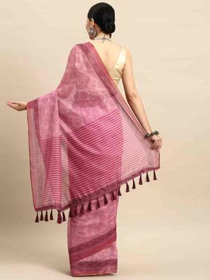 Silk Land  Pink  Kalamkari Cotton Blend Saree  2