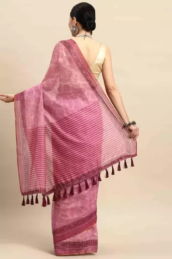 Silk Land  Pink  Kalamkari Cotton Blend Saree 