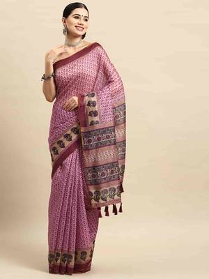 Silk Land  Pink  Kalamkari Cotton Blend Saree  1