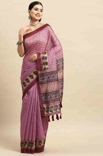 Silk Land  Pink  Kalamkari Cotton Blend Saree 