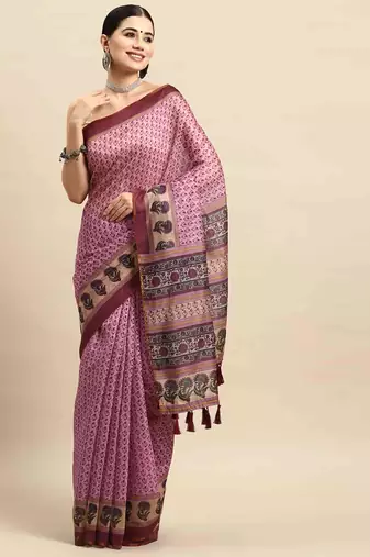 Silk Land  Pink  Kalamkari Cotton Blend Saree 