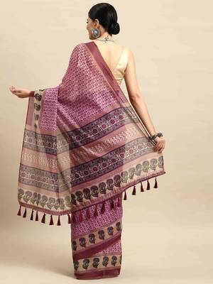 Silk Land  Pink  Kalamkari Cotton Blend Saree  2