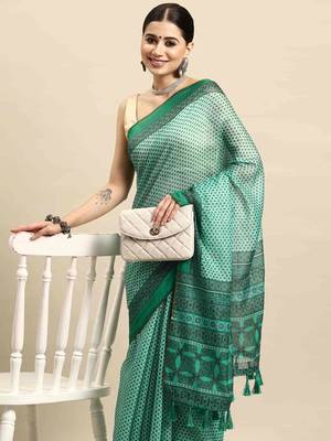 Silk Land  Teal  Kalamkari Cotton Blend Saree  1