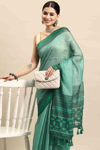 Silk Land  Teal  Kalamkari Cotton Blend Saree 
