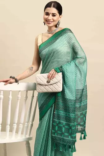 Silk Land  Teal  Kalamkari Cotton Blend Saree 