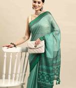 Silk Land  Teal  Kalamkari Cotton Blend Saree 