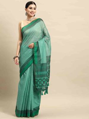 Silk Land  Teal  Kalamkari Cotton Blend Saree  2