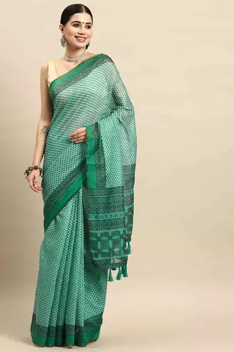 Silk Land  Teal  Kalamkari Cotton Blend Saree 