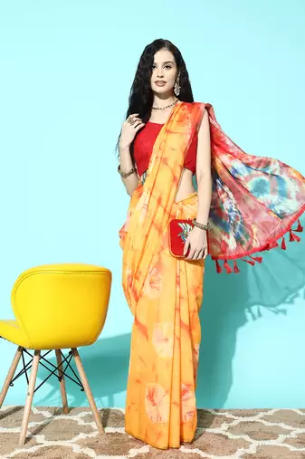 Silk Land  Mustard  Printed Organza Saree 