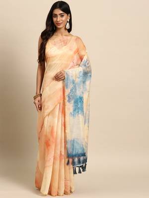 Silk Land  Beige  Printed Organza Saree  1