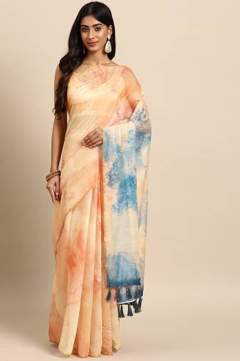 Silk Land  Beige  Printed Organza Saree 
